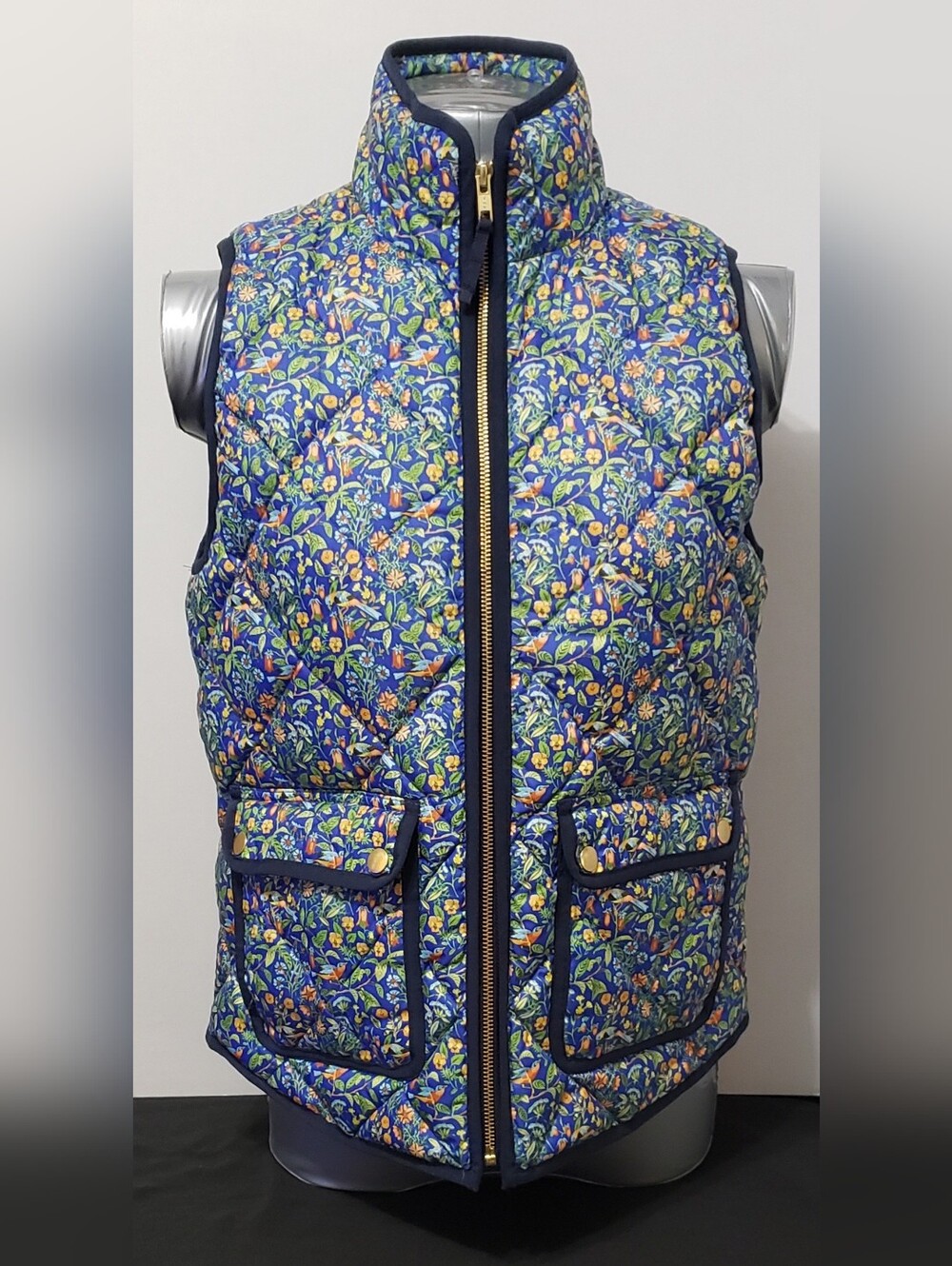 J.Crew Liberty Fabric Floral Bird Quilted Excursion Down Filled Vest Blue Small